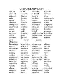 Preview of VOCABULARY LIST I