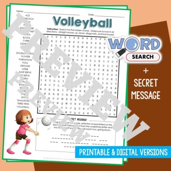 VOLLEYBALL Word Search Puzzle Activity Vocabulary Worksheet Secret Message