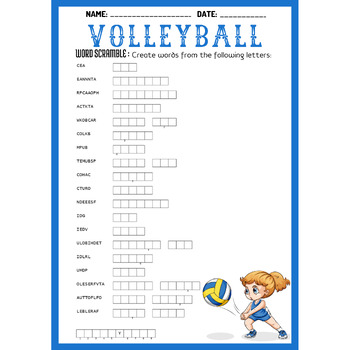 VOLLEYBALL word scramble puzzle worksheet activity by PRINT PUZZLE PRO