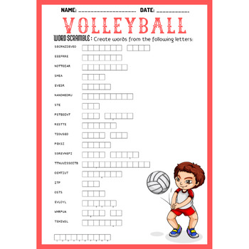 VOLLEYBALL word scramble puzzle worksheet activity by PRINT PUZZLE PRO