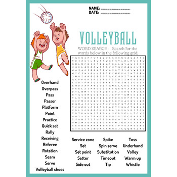 VOLLEYBALL word search puzzle worksheet activity by PRINT PUZZLE PRO