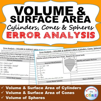 Preview of VOLUME & SURFACE AREA CYLINDERS, CONES, SPHERES Error Analysis  (Find the Error)
