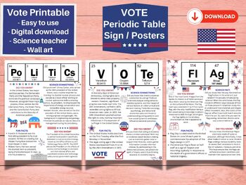 Preview of VOTE, POLITICS, FLAG Periodic Table of Elements Posters, Educational, Civic Duty
