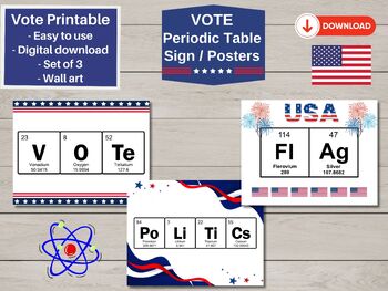 Preview of VOTE, POLITICS, FLAG Periodic Table of Elements Posters, Science Decor, Election