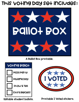 Preview of ELECTION- VOTING DAY- Ballot Box, Student Ballots, I Voted Stickers
