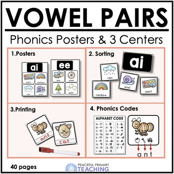 Preview of VOWEL PAIRS Posters and 3 Phonics Centers - 1st Grade Phonics Activities