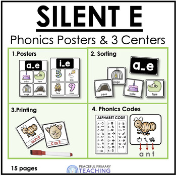 Preview of SILENT E Posters and 3 Phonics Centers - 1st Grade Phonics Activities