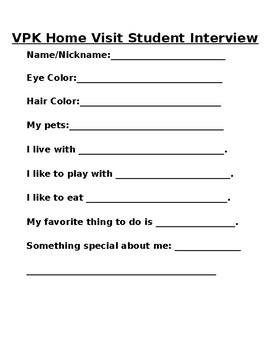 Preview of VPK Home Visit (or beginning of the year) Student Interview Sheet