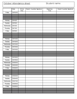 Preview of VPK October Monthly Attendance Sheet