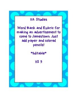 Preview of VS 3 Jamestown end of unit activity advertisement for Jamestown WITH RUBRIC!