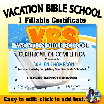 Preview of Vacation Bible School Certificate