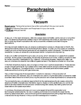 Preview of Vacuum Paraphrasing Worksheet