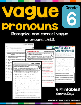 Vague Pronouns L.6.1.D Worksheets Distance Learning by Rock Paper Scissors