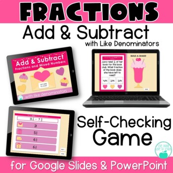 Preview of Valentine Fractions Add & Subtract Fractions Self-Checking Game 