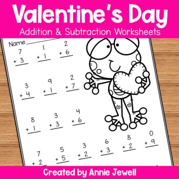 Preview of Valentine Addition and Subtraction Worksheets Numbers 1 - 10