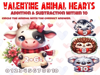 Preview of Valentine Animal Hearts Addition & Subtraction Within 10