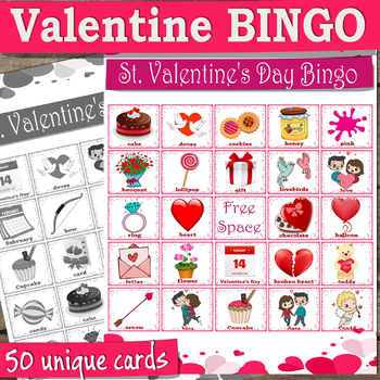 Valentine BINGO with 50 unique Valentine cards for a game by Valerie Fabre