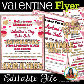 Preview of Valentine Bake Sale fundraiser Event Flyer & Order Form Editable PTA, PTO