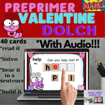 Preview of Valentine Boom Card Dolch Pre Primer Sight Words With Audio