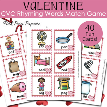Preview of Valentine CVC Rhyming Words Match Game - Rhyming Activity - Memory Game