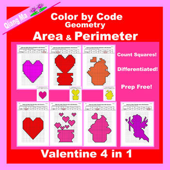 Preview of Valentine Color by Code: Area and Perimeter: Count Squares 4 in 1