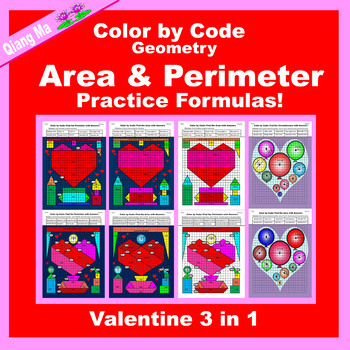 Preview of Valentine Color by Code: Area and Perimeter: Practice Formulas 3 in 1