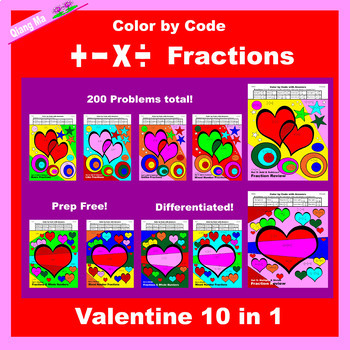 Preview of Valentine Color by Code: Fractions: Add, Subtract, Multiply, and Divide 10 in 1