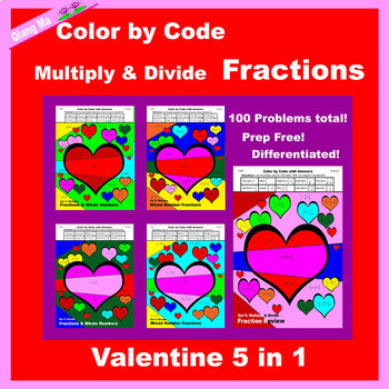 Preview of Valentine Color by Code: Multiply and Divide Fractions 5 in 1