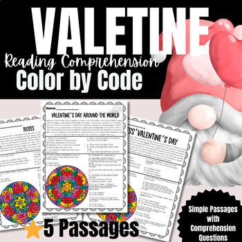 Preview of Valentine Color by Code Reading Comprehension Worksheets for 2nd & 3rd Graders