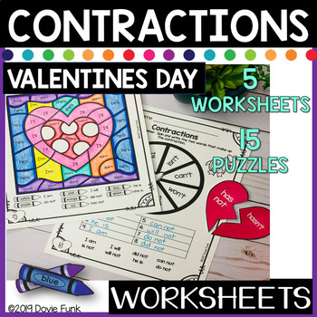 Preview of Valentines Day Contractions Literacy Center and 5 Worksheets