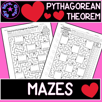 Preview of Valentine Converse of the Pythagorean Theorem and Hypotenuse Mazes Worksheets