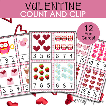 Preview of Valentine Count and Clip Cards - Math Center- Numbers 1 - 12