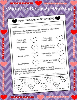 Preview of Valentine Decimal Matching