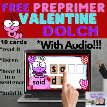 Preview of Valentine Dolch Interactive Google Slides preprimer WITH AUDIO