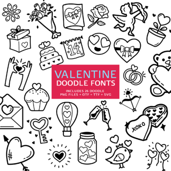 Preview of Valentine Doodle Fonts, Instant File otf, ttf Font Download, Digital Font Bundle
