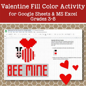 Preview of Valentine Fill Color Activity for GOOGLE Sheets and MS Excel—Grades 3-8