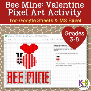 Preview of Valentine Fill Color Activity for GOOGLE Sheets and MS Excel—Grades 3-8