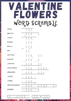 Preview of Valentine Flowers No Prep Word scramble puzzle worksheet activity
