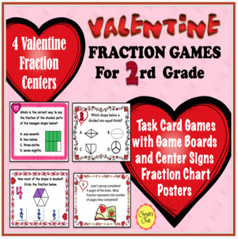 Preview of Valentine Fraction Math Task Card Game Centers for 2nd Grade - Print and Digital