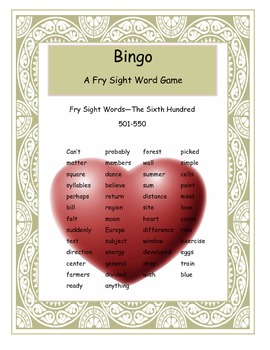 Preview of Valentine Fry Words 501-550 Bingo Game