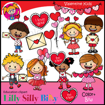 Preview of Valentine Kids - B/W & Color clipart illustration {Lilly Silly Billy}