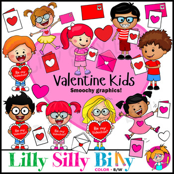Preview of Valentine Kids and Cards. Clipart in Color & Black/white.