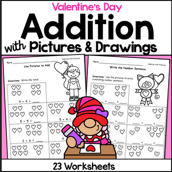 Preview of Valentine's Day Addition with Pictures and Drawings / Add to 10