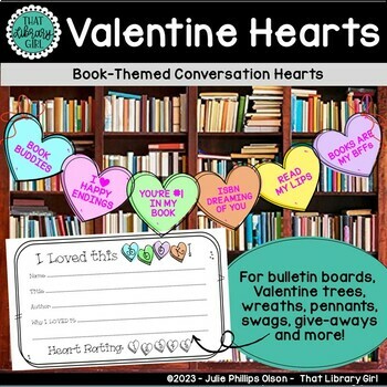 Preview of Valentine Library Book Conversation Hearts in Bright Pastels