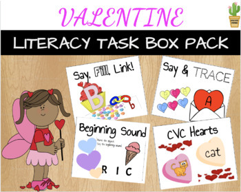 Preview of Valentine Literacy Task Box Pack: Letters, Sounds, CVC, Matching, and more!