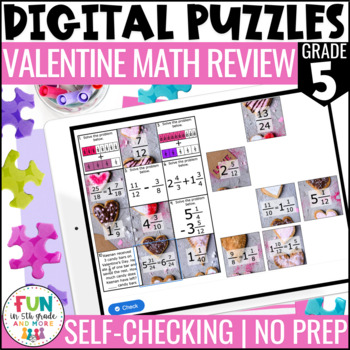 Preview of Valentine Math Review Digital Puzzles for 5th Grade using Fraction Standards