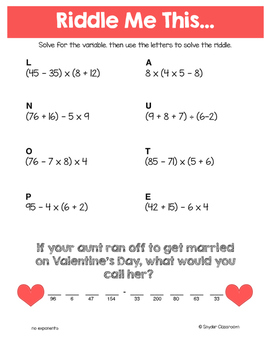Valentine Math Riddles: Middle School Bundle by Snyder Classroom