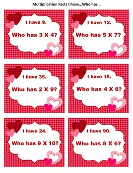 Preview of Valentine Multiplication Facts I have... Who has...