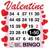 Valentine Number Bingo 1-50 ESL ELL Newcomer Game
