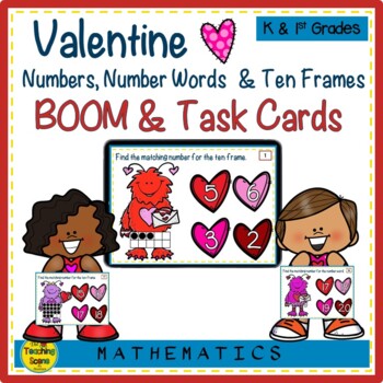 Preview of Valentine Numbers, Number Words & Ten Frames BOOM & Task Cards Match Game